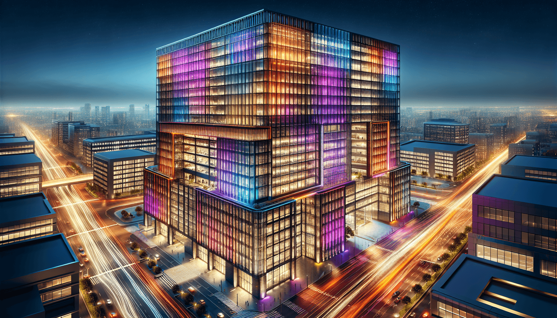 Modern corporate office building at night