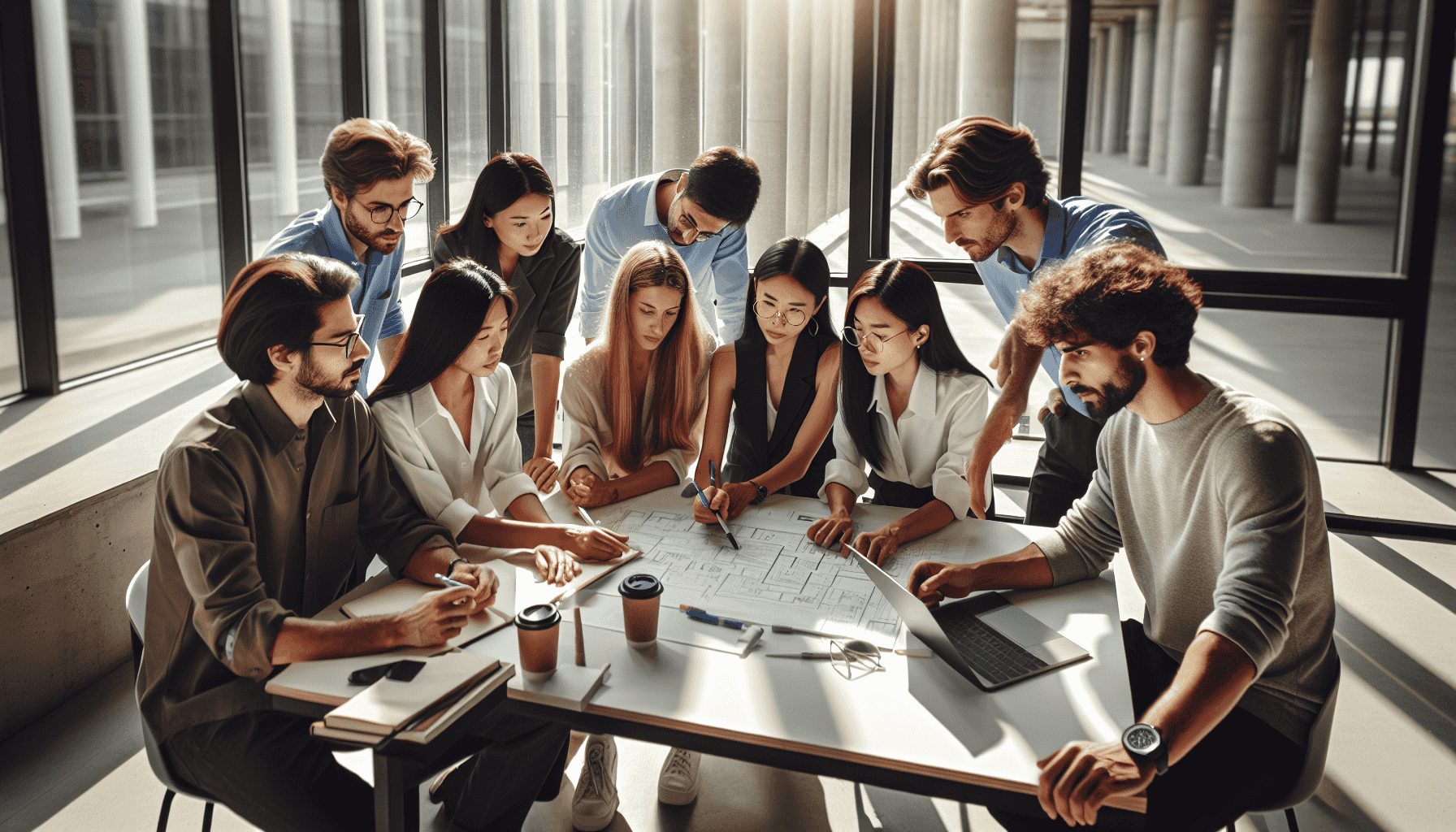 Diverse team brainstorming in creative office